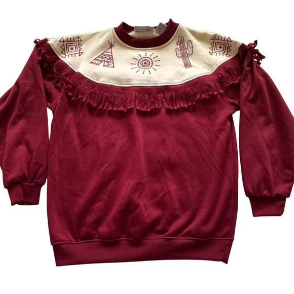 Vintage Gitano Red Aztec Fringe Collar BOHO Western Long Sleeve Sweater Size M - Picture 12 of 13